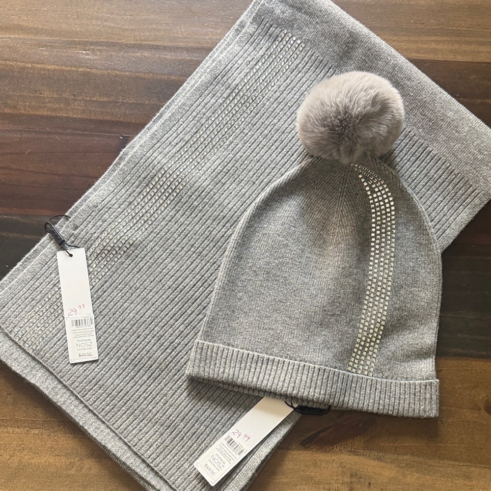 Chico's Gray Knit Pom-Pom Beanie Hat & Scarf w/Rhinestone Accents Two Pc Set NWT